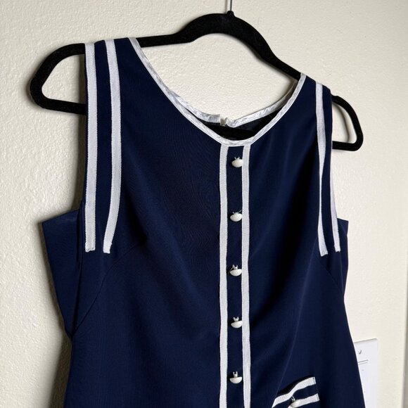 VTG Sonia K Navy & White Sleeveless Dress w/ Pleated Hem Button Front Sz M - Picture 3 of 10